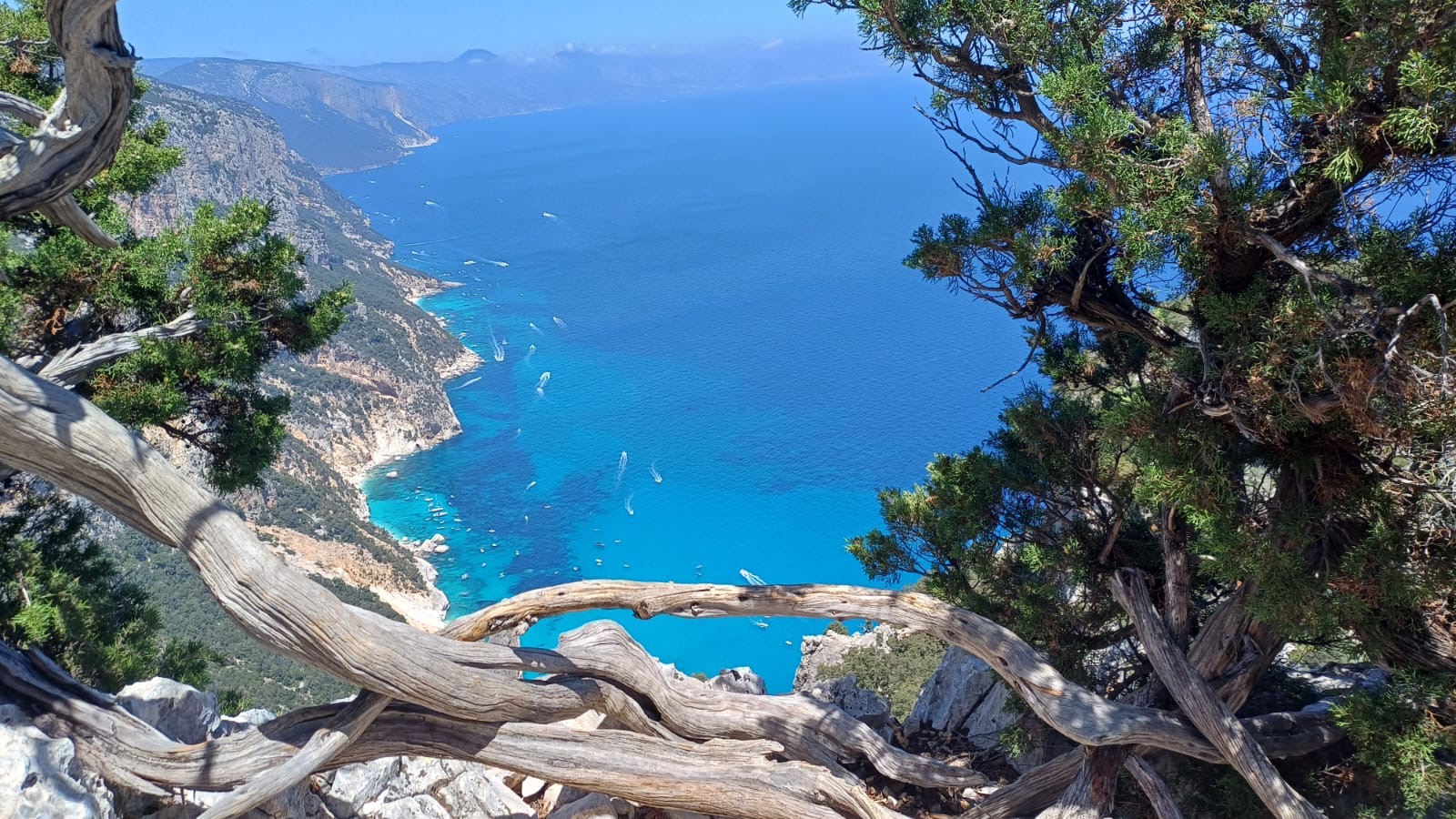 Elevated view of the limestone coastline and blue Mediterranean Sea along the Gulf of Orosei and Baunei coast