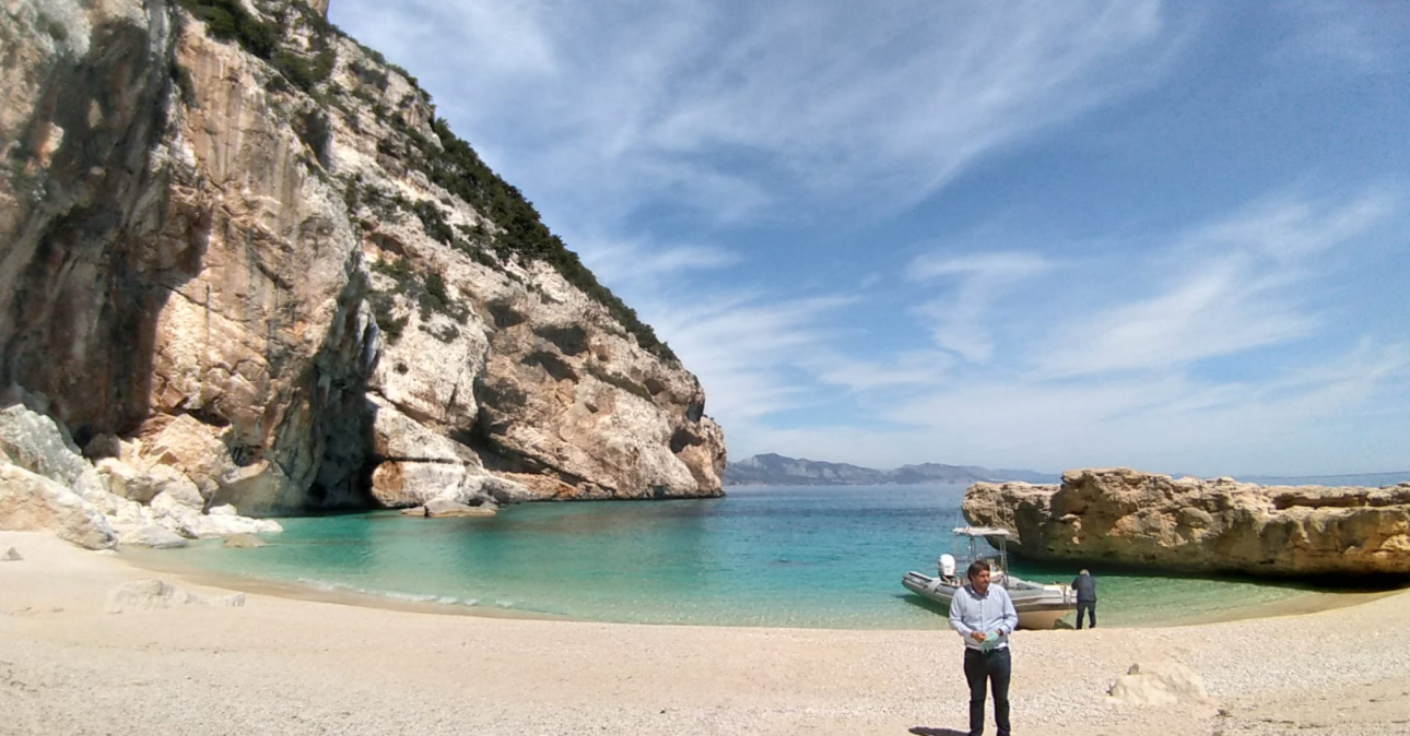 View from the water of limestone cliffs along the Gulf of Orosei in Sardinia